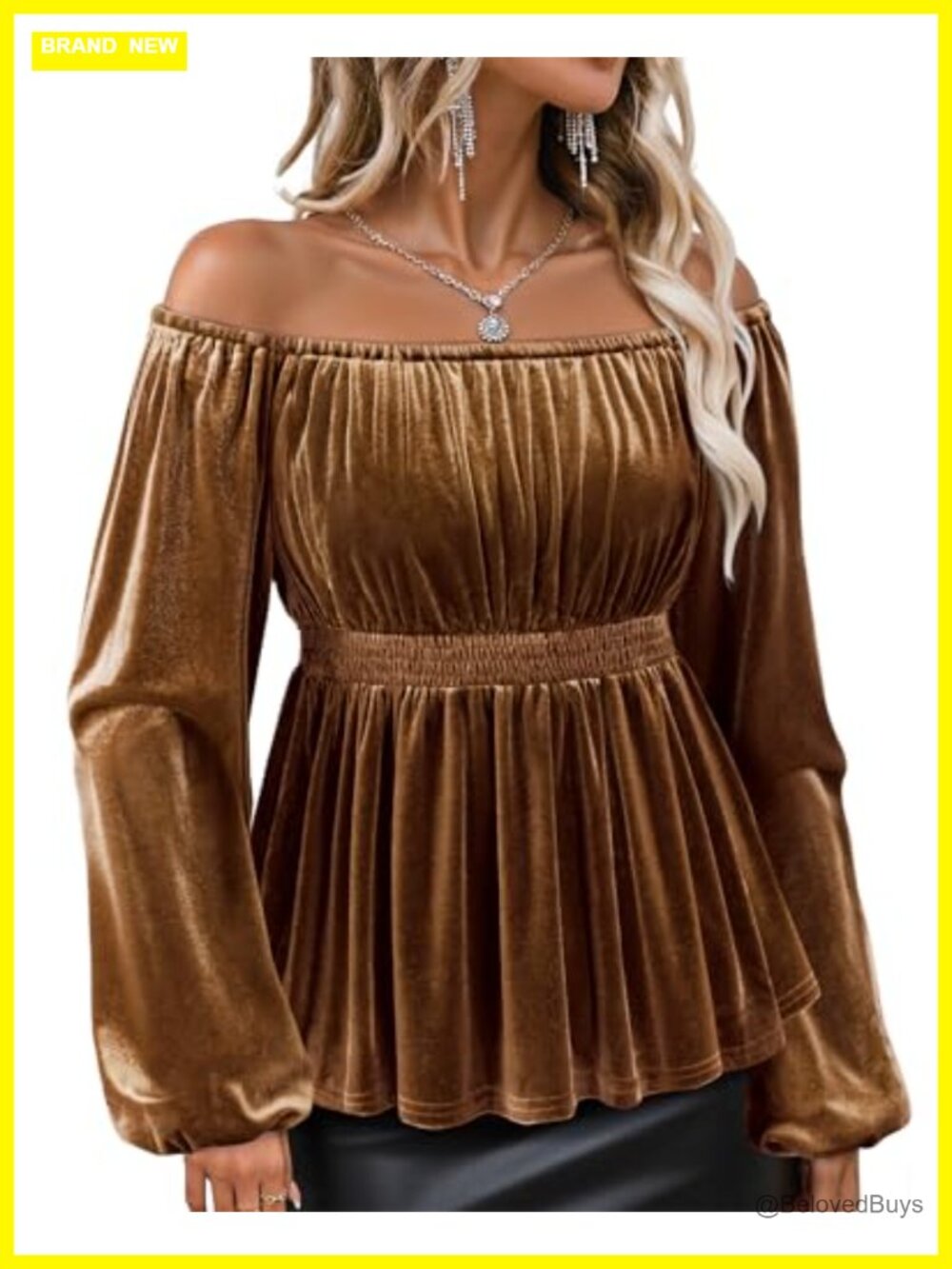 Velvet Off the Shoulder Long Sleeve Peplum Blouse Dressy Evening Top